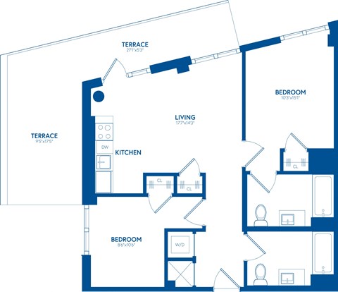 Floor plan for 2 beds, 2 baths, 814 sqft